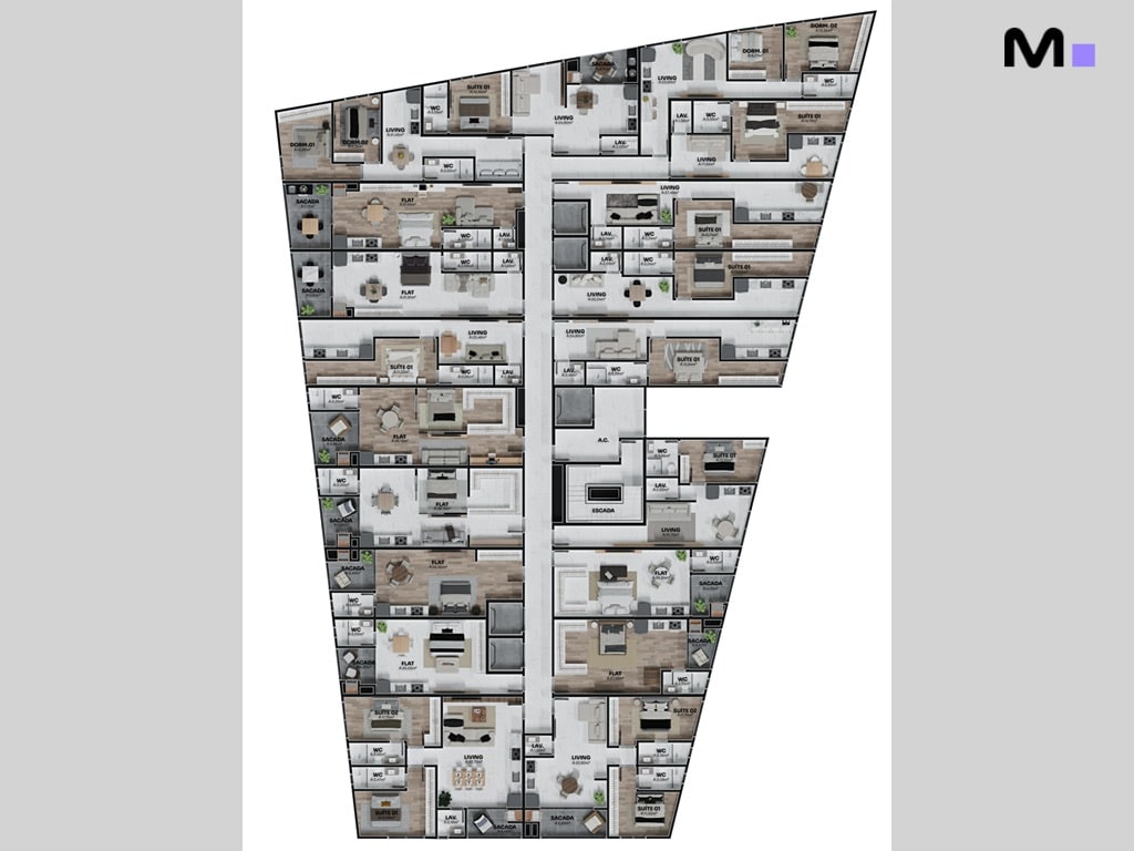 Planta baixa da Torre Del Mare Residence, mostrando layout dos apartamentos.