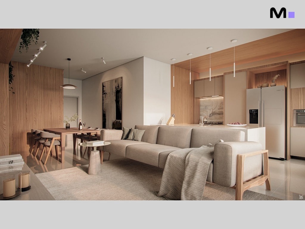 Sala de estar moderna e iluminada no Nilo Residence, com sofá bege e detalhes em madeira clara.