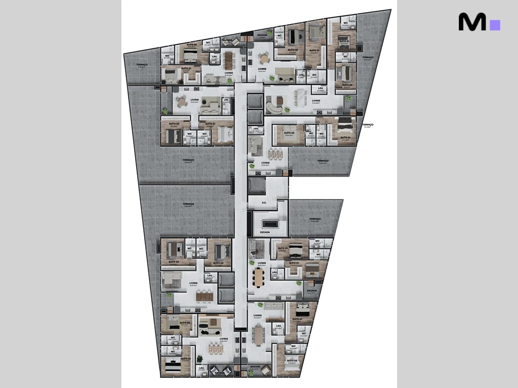 Planta arquitetônica da Torre Del Mare Residence com layouts de apartamentos detalhados.