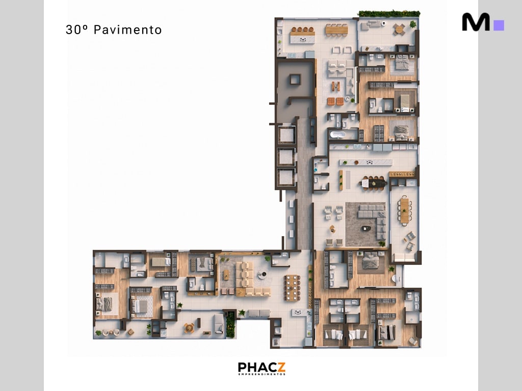 Planta baixa do 30º pavimento de um edifício residencial de luxo. PHACZ Empreendimentos.
