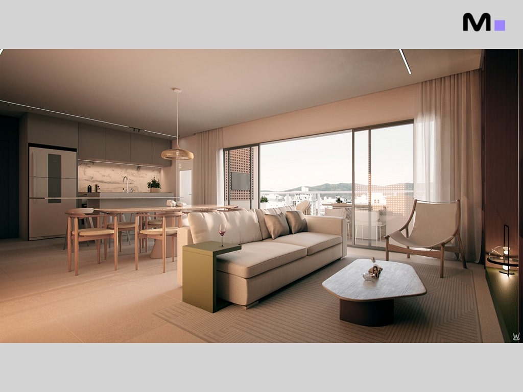 Sala de estar iluminada no Nilo Residence, com sofá bege, mesa de centro e vista panorâmica.