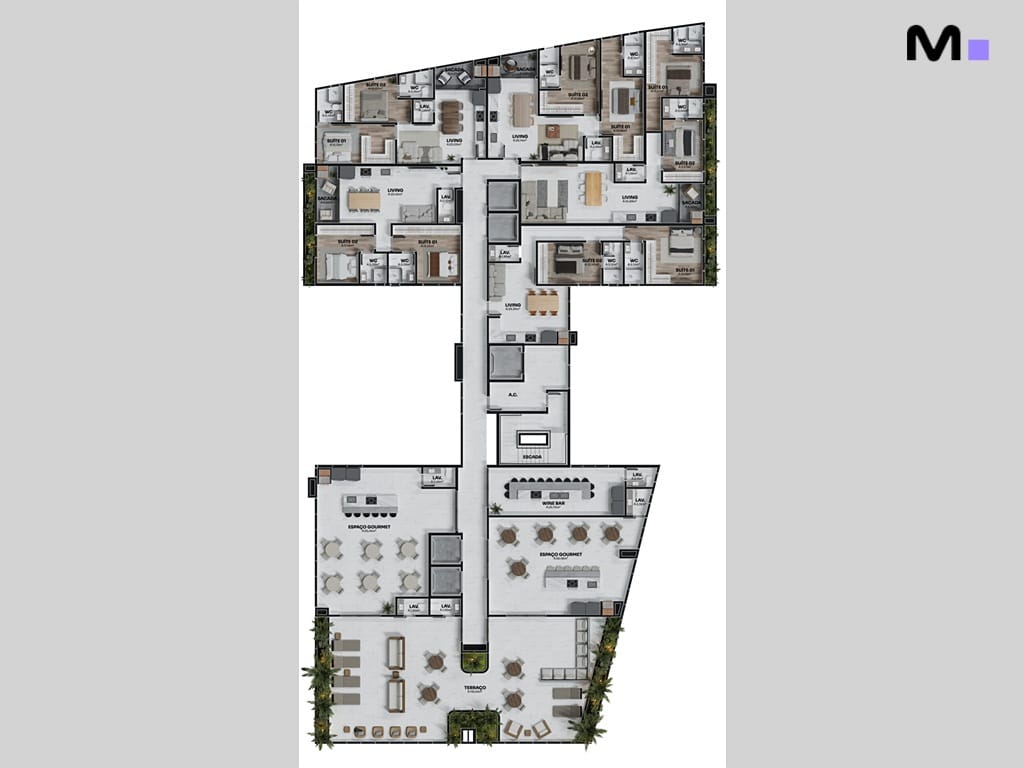 Planta baixa da Torre Del Mare Residence, mostrando o layout dos apartamentos e áreas de lazer.