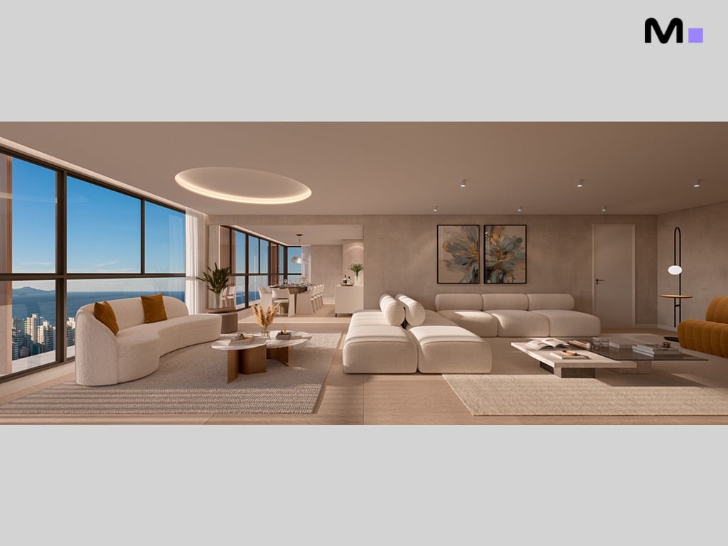 Sala de estar moderna com vista para o mar. Design de interiores elegante.