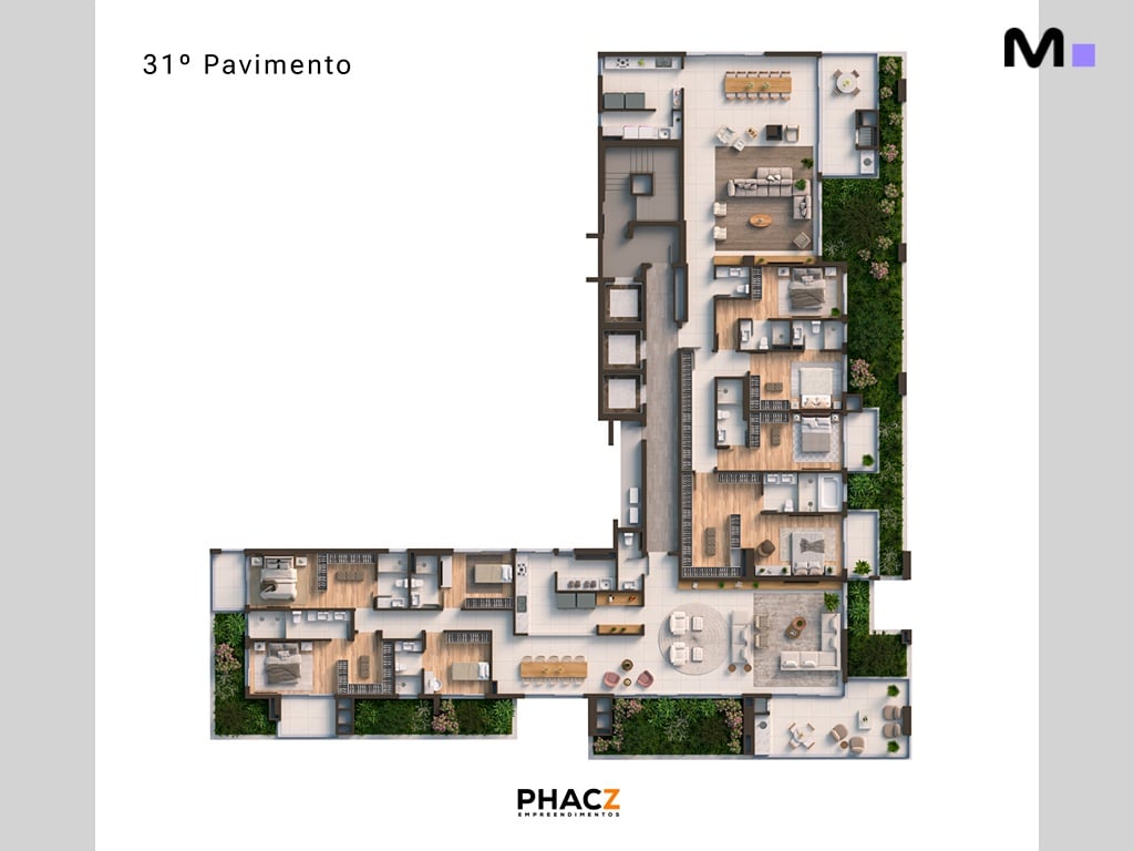 Planta do 31º pavimento de um edifício residencial de luxo com vários apartamentos e áreas de lazer.