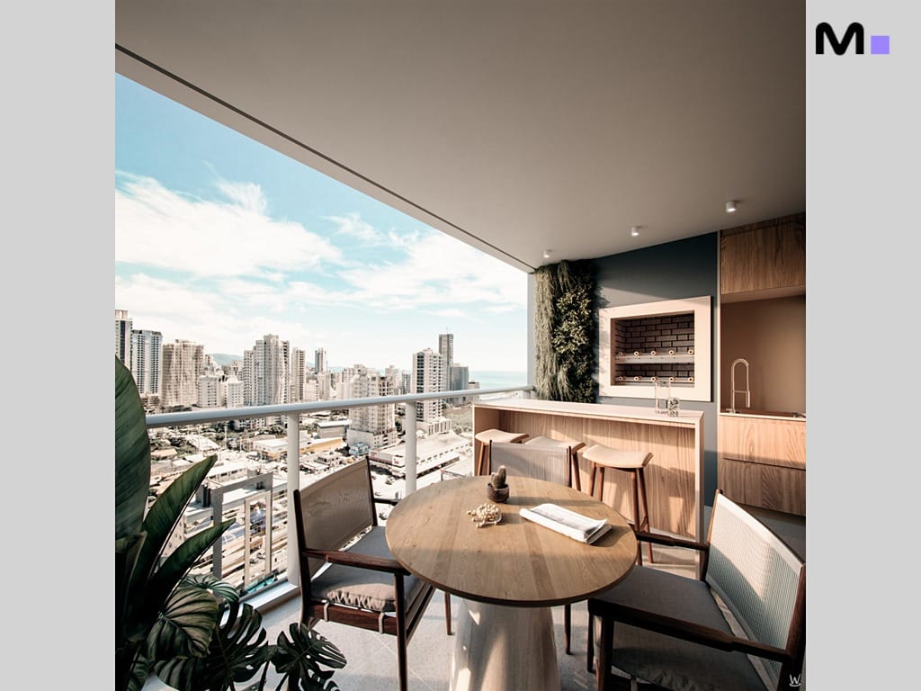 Varanda moderna do Nilo Residence com churrasqueira, mesa e vista da cidade.