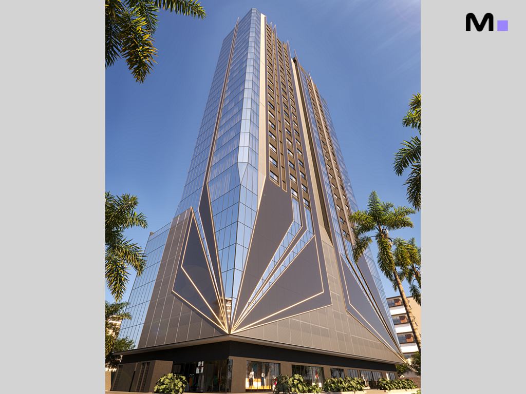 Vista do arranha-céu Zion Tower, com design moderno e fachada de vidro refletindo o céu azul.