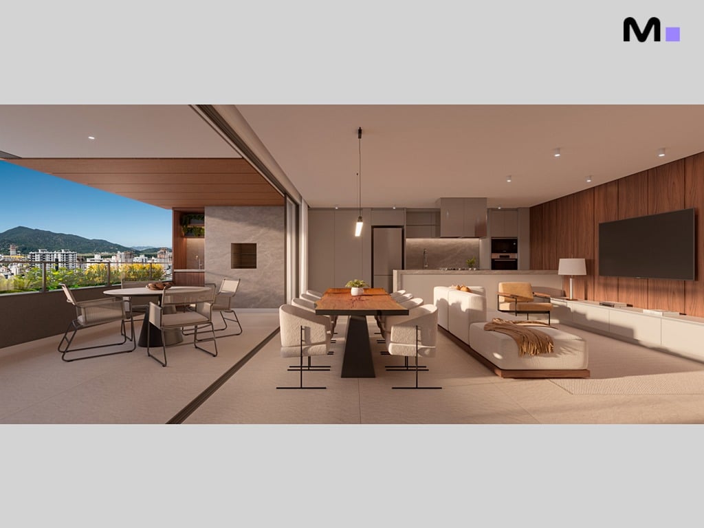 Sala de estar moderna com varanda e vista para a cidade. Design de interiores elegante.