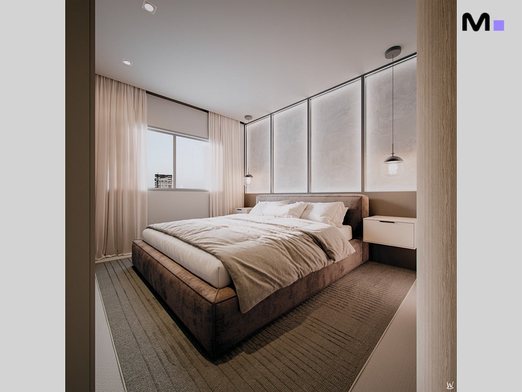 Quarto moderno da Nilo Residence com cama king size, cortinas claras e iluminação suave.