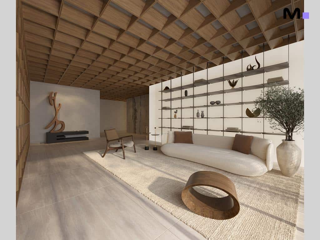 Interior elegante da Hyde Residence: sala de estar com sofá curvo, prateleiras e teto de madeira geométrico.