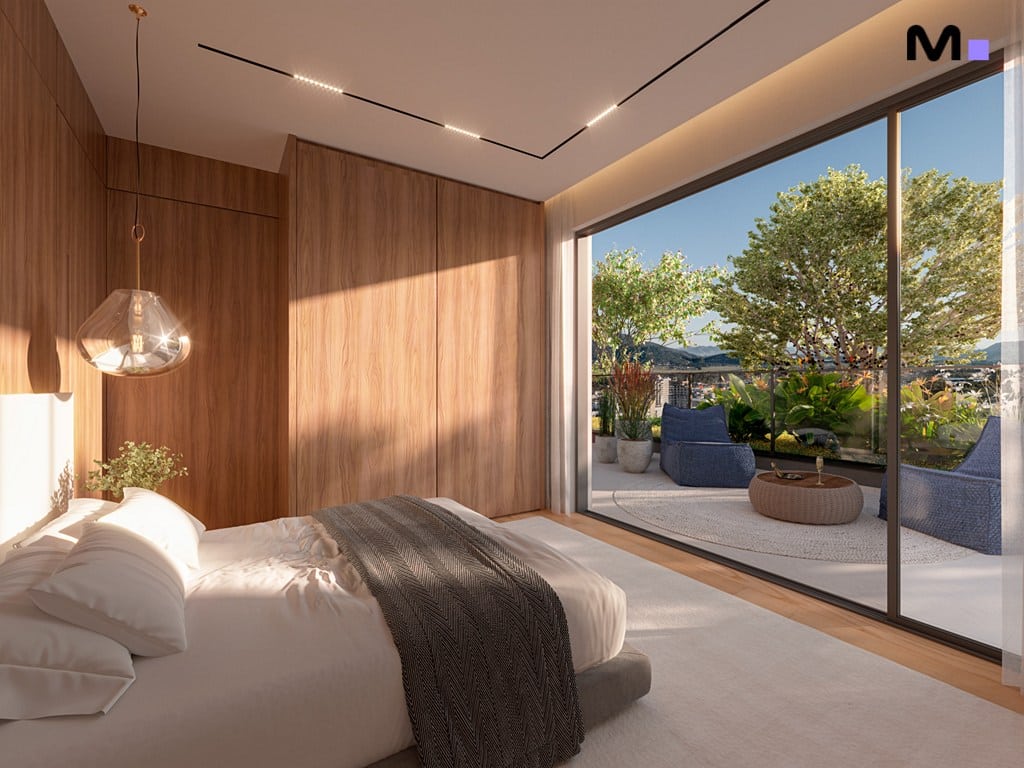 Quarto moderno com varanda e vista relaxante. Design Vibra Phacz Home.