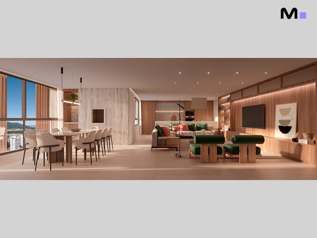 Interior elegante e moderno do Vibra Phacz Home, com sala de estar e jantar integradas.