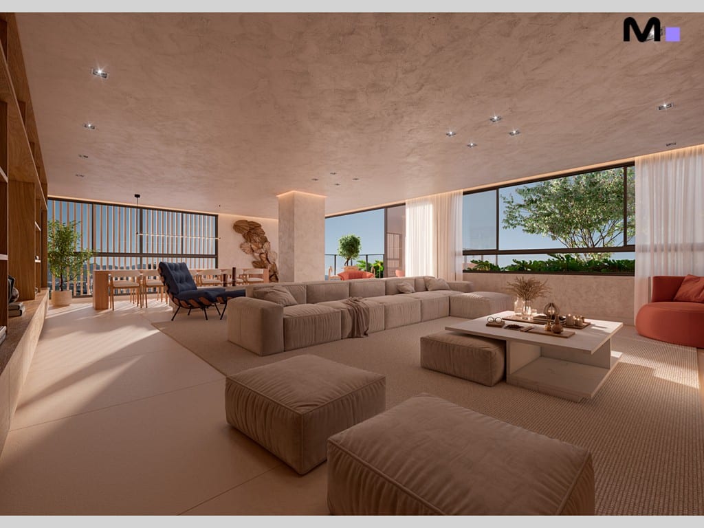 Sala de estar moderna e espaçosa com sofás aconchegantes e vista ampla. Vibra Phacz Home.