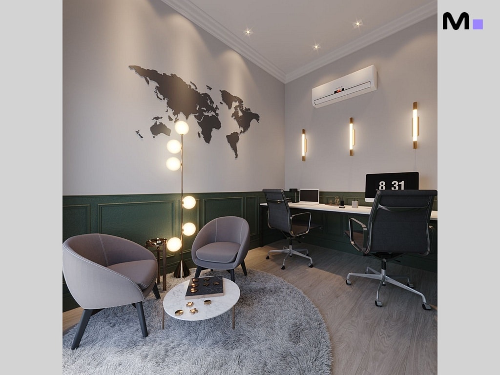 Escritório moderno com mapa-múndi na parede e cadeiras cinzas. Design Palazzo Reale.