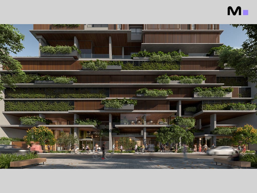 Fachada do Vibra Phacz Home com varandas verdes e design moderno.