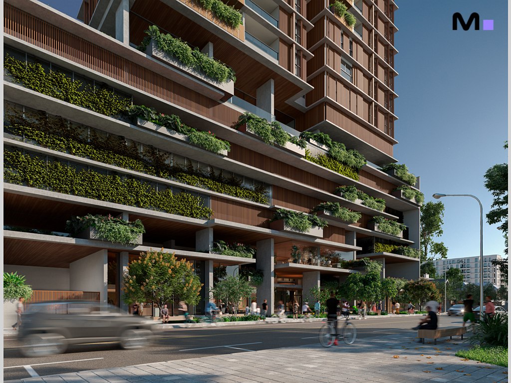 Edifício moderno com varandas verdes e vegetação exuberante. Arquitetura Vibra Phacz Home.