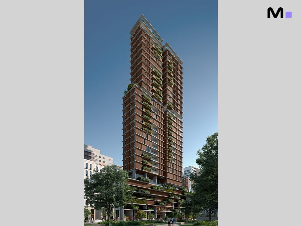 Edifício Vibra Phacz Home alto e moderno com detalhes em madeira e vegetação exuberante.