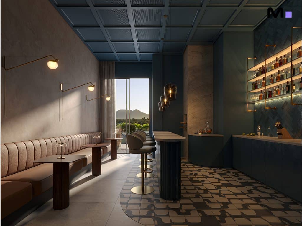Interior elegante do Hyde Residence com bar, assentos confortáveis e iluminação sofisticada.