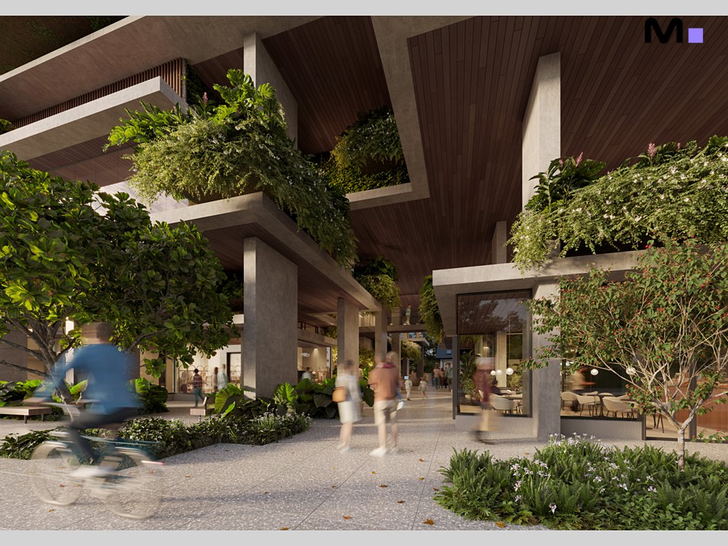 Fachada moderna com plantas e pessoas caminhando, Vibra Phacz Home.