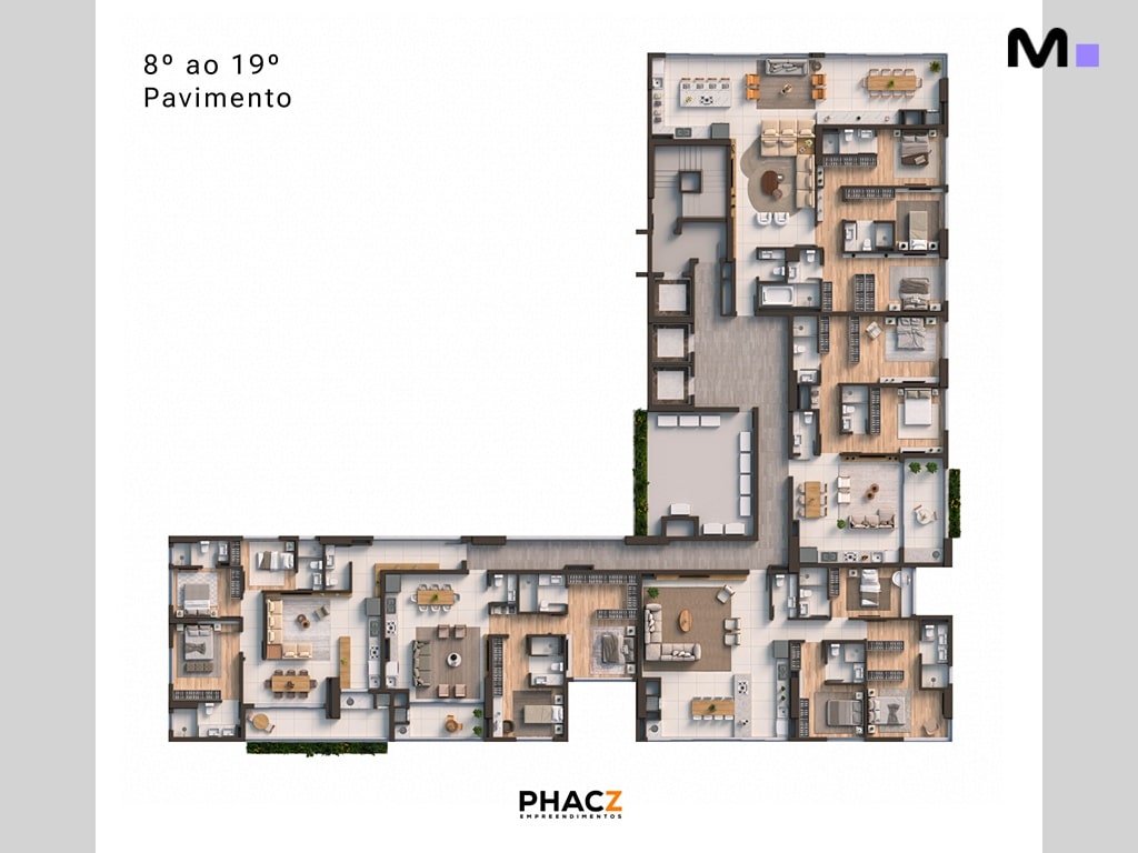 Planta do 8º ao 19º pavimento do Vibra Phacz Home. Layout detalhado dos apartamentos.