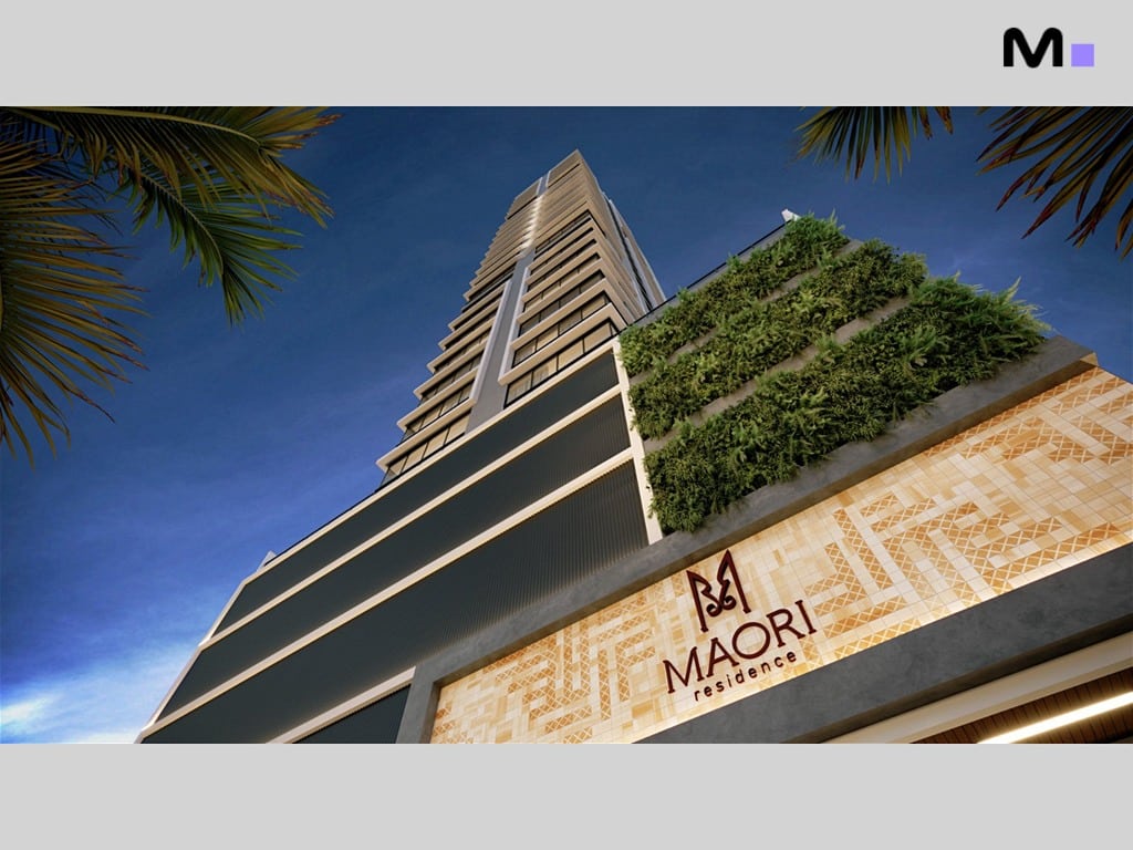 Maori Residence: Fachada moderna do edifício com detalhes em verde e design exclusivo.