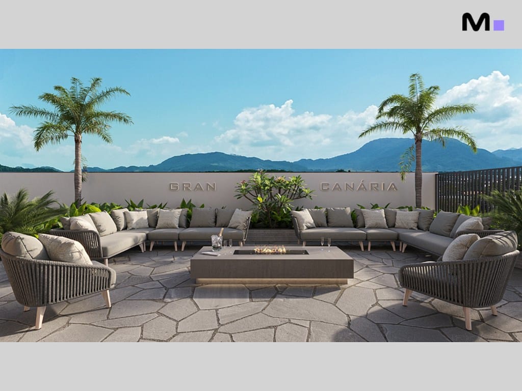 Área externa da residência Gran Canária com móveis de jardim e lareira.