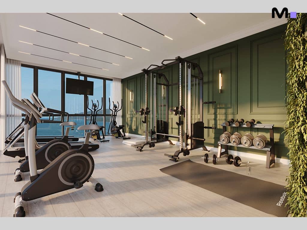 Academia moderna com esteiras, bicicleta ergométrica, estação de musculação e halteres.
