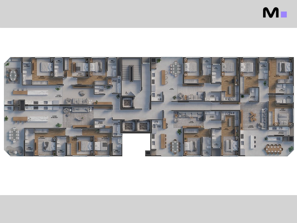 Planta baixa do Zion Tower, mostrando layout dos apartamentos com quartos, salas e cozinhas.