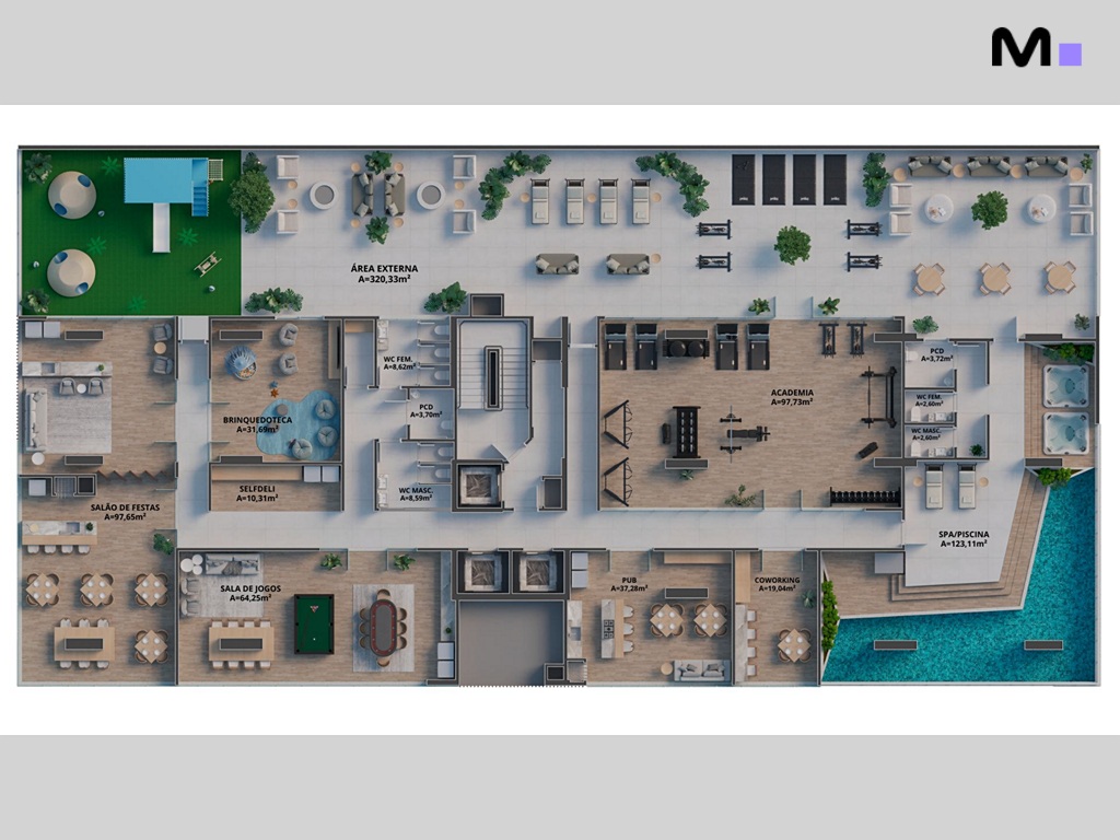 Planta baixa da Zion Tower com academia, piscina, salão de festas e área externa.