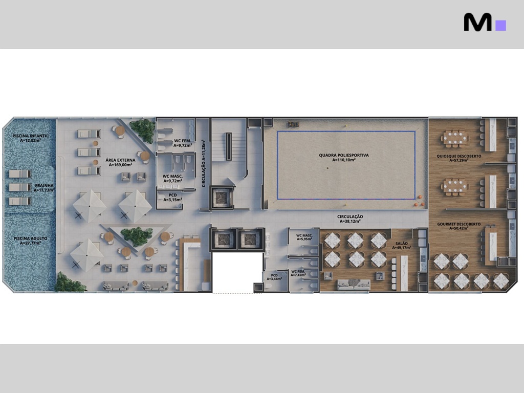 Planta baixa da Zion Tower com piscina, quadra poliesportiva, salão e áreas descobertas.