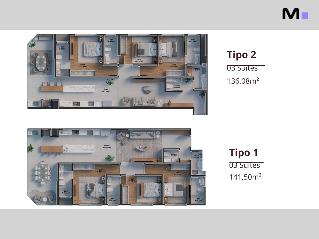 Plantas do Zion Tower: Tipo 1 (141,50m²) e Tipo 2 (136,08m²), ambos com 3 suítes.