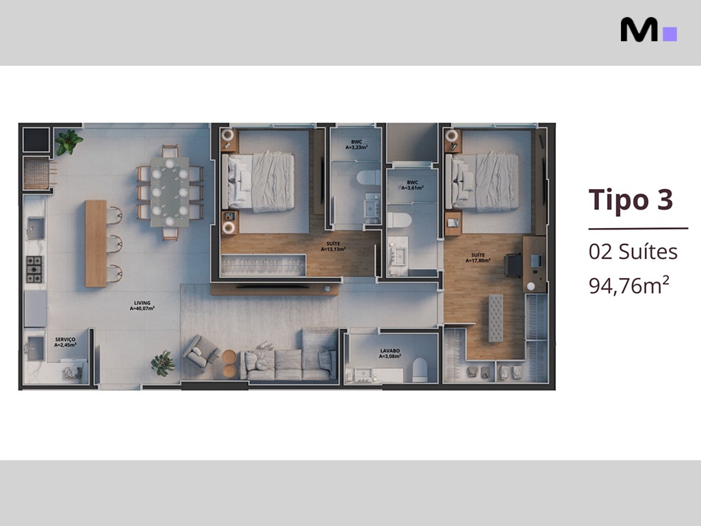 Planta baixa do Tipo 3 no Zion Tower: 2 suítes, 94,76m². Detalhes de living, serviço, lavabo e suítes.