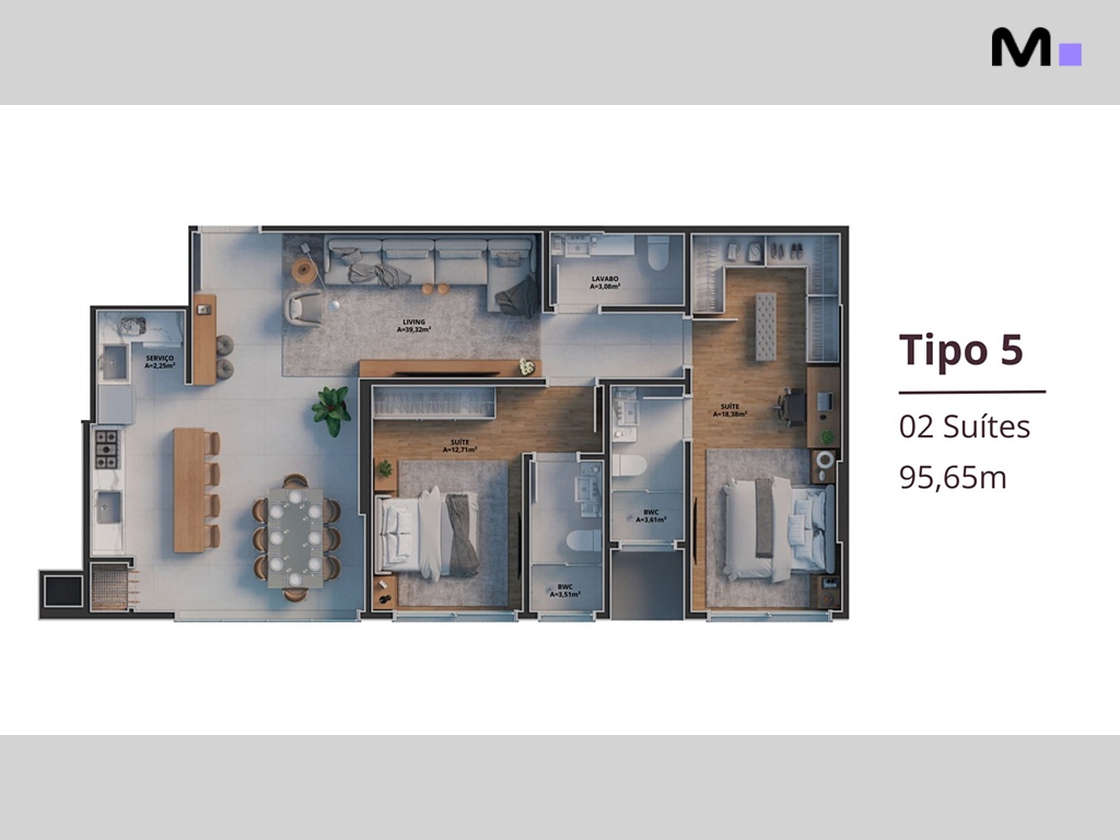 Planta do apartamento Tipo 5 no Zion Tower, com 2 suítes e 95,65m².