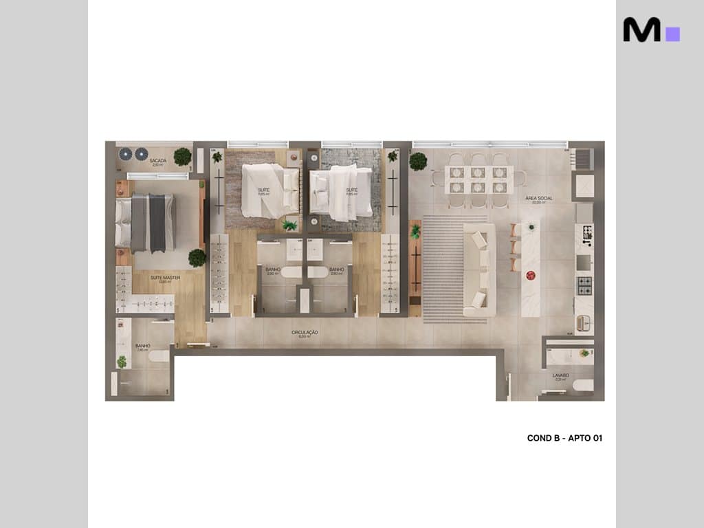 Planta baixa do apartamento no Lagom Perequê Residence, mostrando suítes, área social e varanda.