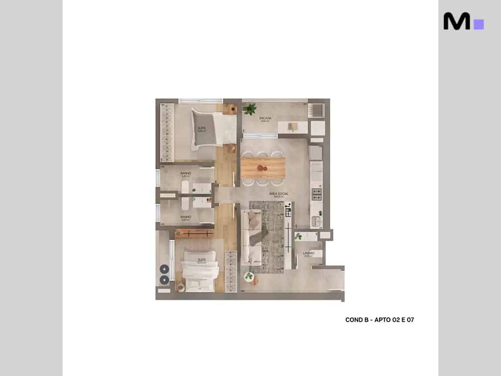 Planta baixa do apartamento Lagom Perequê Residence, mostrando a disposição dos cômodos.