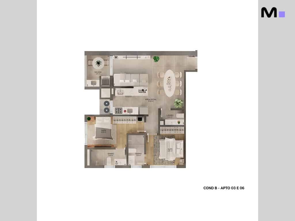 Planta baixa do apartamento Lagom Perequê Residence, mostrando layout com sacada, área social, suítes e banheiros.