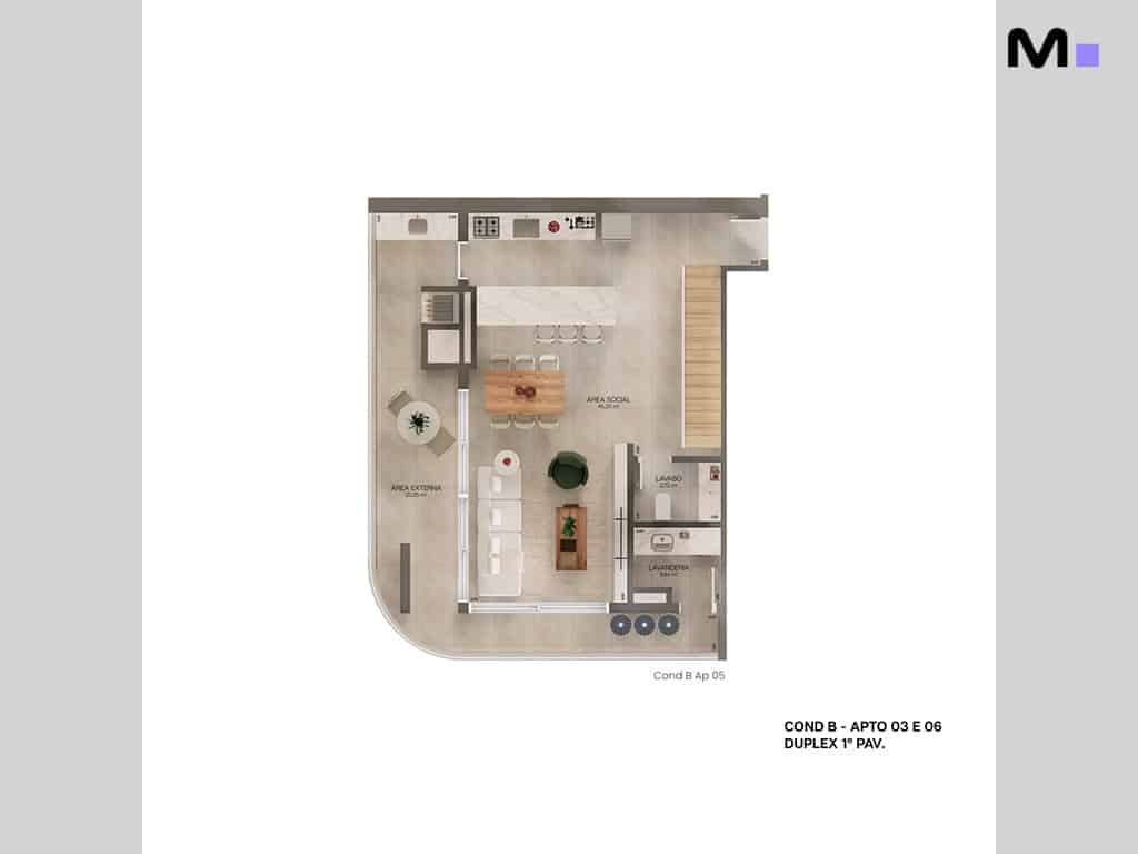 Planta baixa do apartamento Lagom Perequê Residence, mostrando áreas social, externa, lavabo e lavanderia.