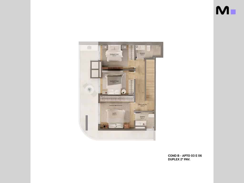 Planta baixa do apartamento duplex Lagom Perequê Residence: suíte, dormitórios e banheiros no segundo pavimento.