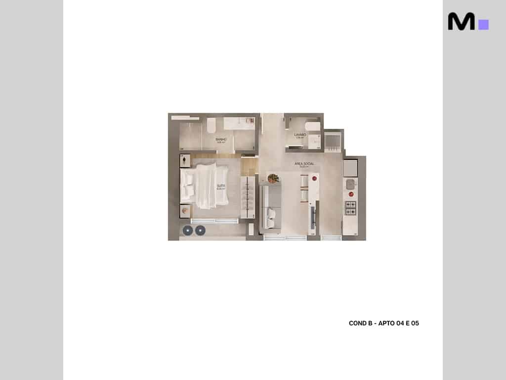 Planta baixa do apartamento no Lagom Perequê Residence: suíte, banheiro, lavabo e área social.