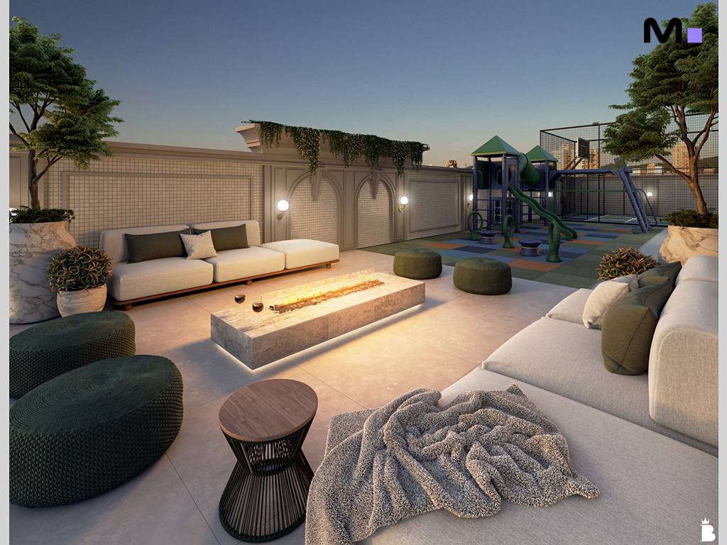 Terraço luxuoso do Dumo Di Trento Residence com lareira, sofás e área de lazer infantil.