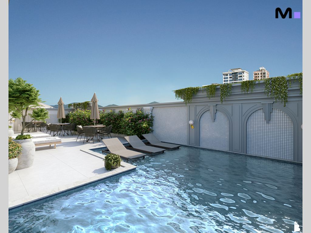 Piscina luxuosa na Dumo Di Trento Residence com espreguiçadeiras e área de lazer.