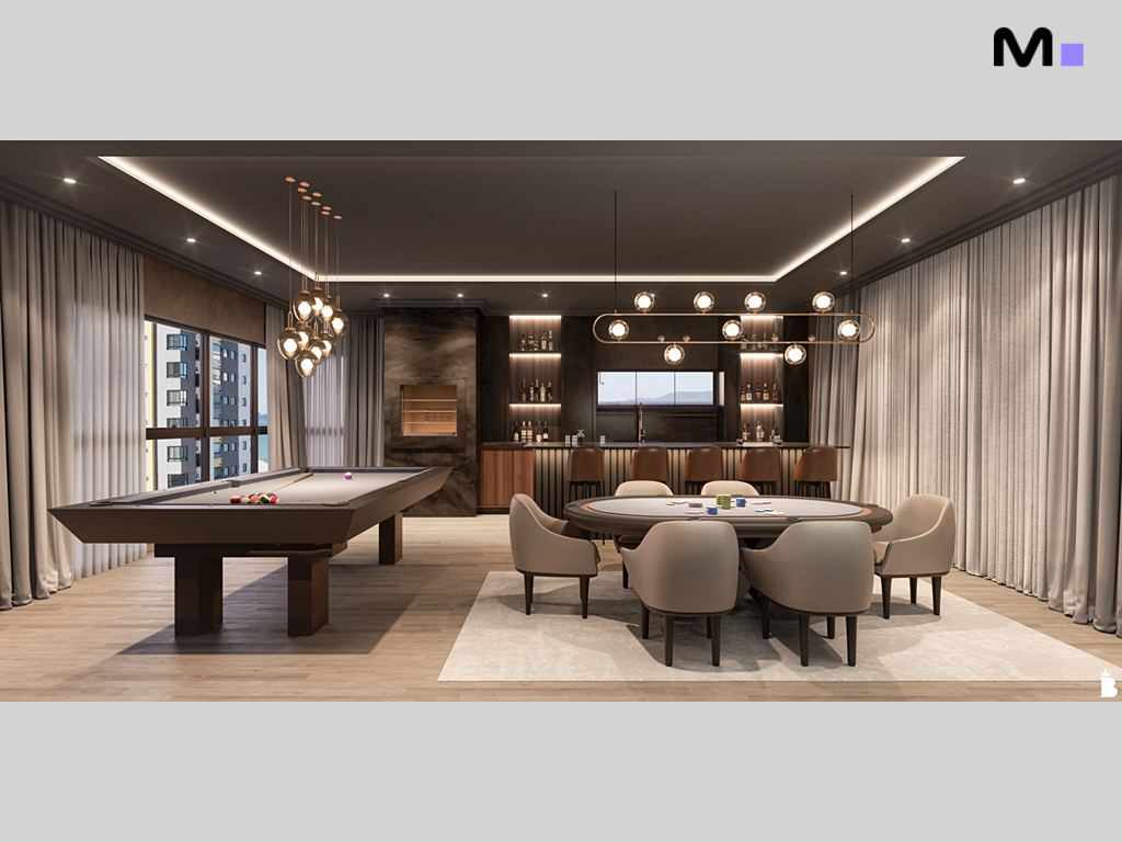 Sala de jogos moderna com mesa de bilhar, bar e área de jantar. Dumo Di Trento Residence.