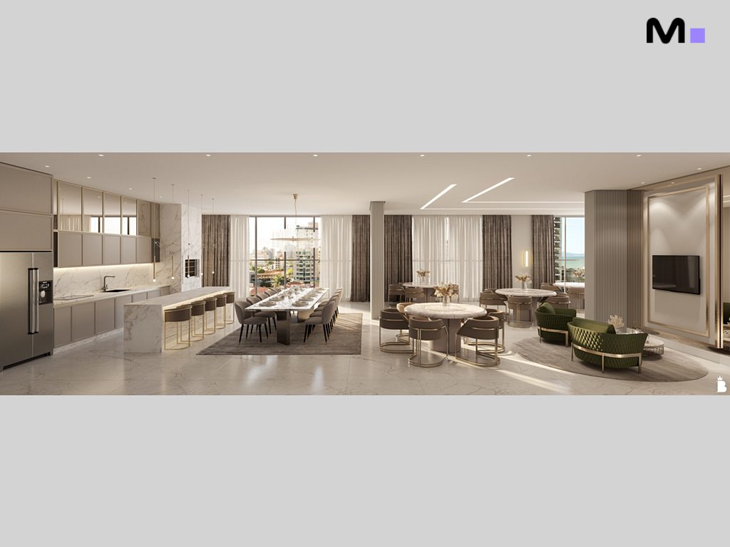 Interior da residência Dumo Di Trento: cozinha ampla, sala de jantar e área de estar luxuosa.