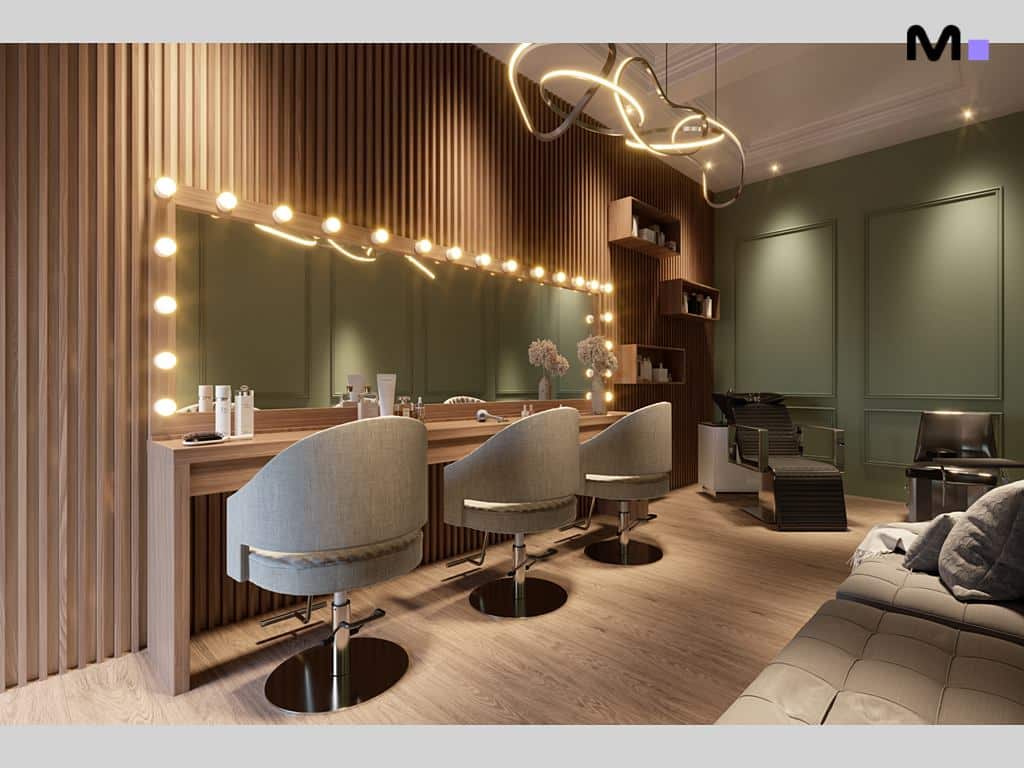 Interior elegante do Palazzo Reale com espelhos iluminados e cadeiras de salão modernas.