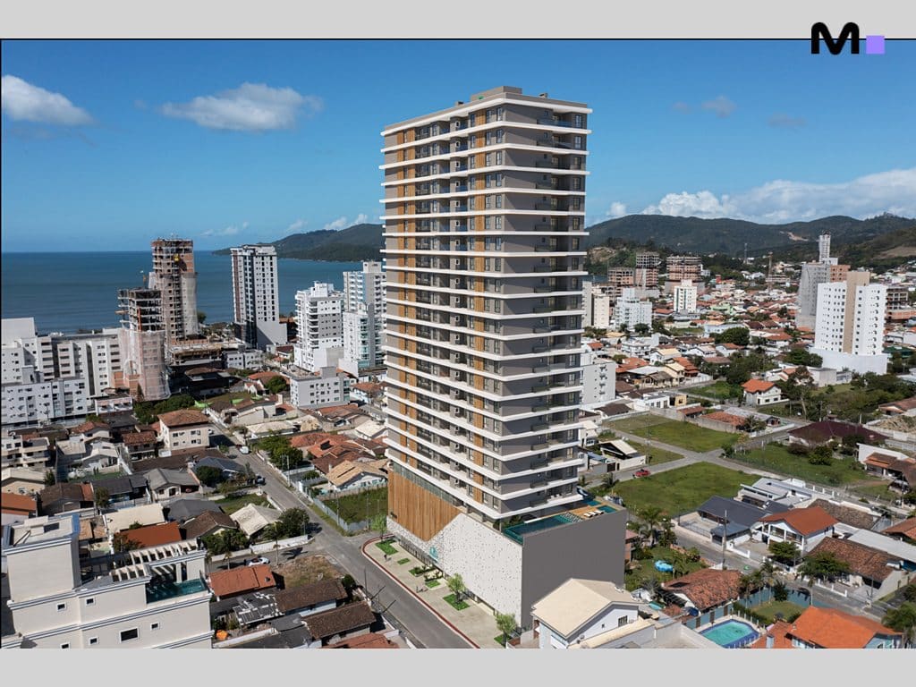 Residência Platja D'en Bossa: Vista aérea do edifício moderno com arquitetura imponente na cidade.