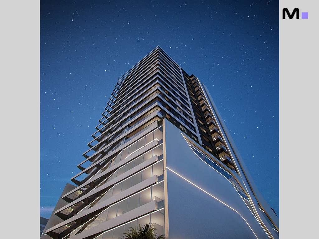 Residência Hudson Park: Vista noturna do arranha-céu moderno com design elegante.