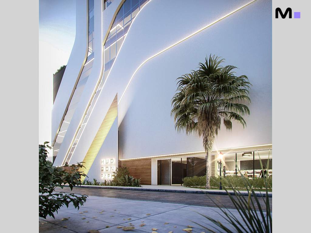 Residência Hudson Park: fachada moderna com palmeira e iluminação elegante. HUDSON PARK escrito na entrada.