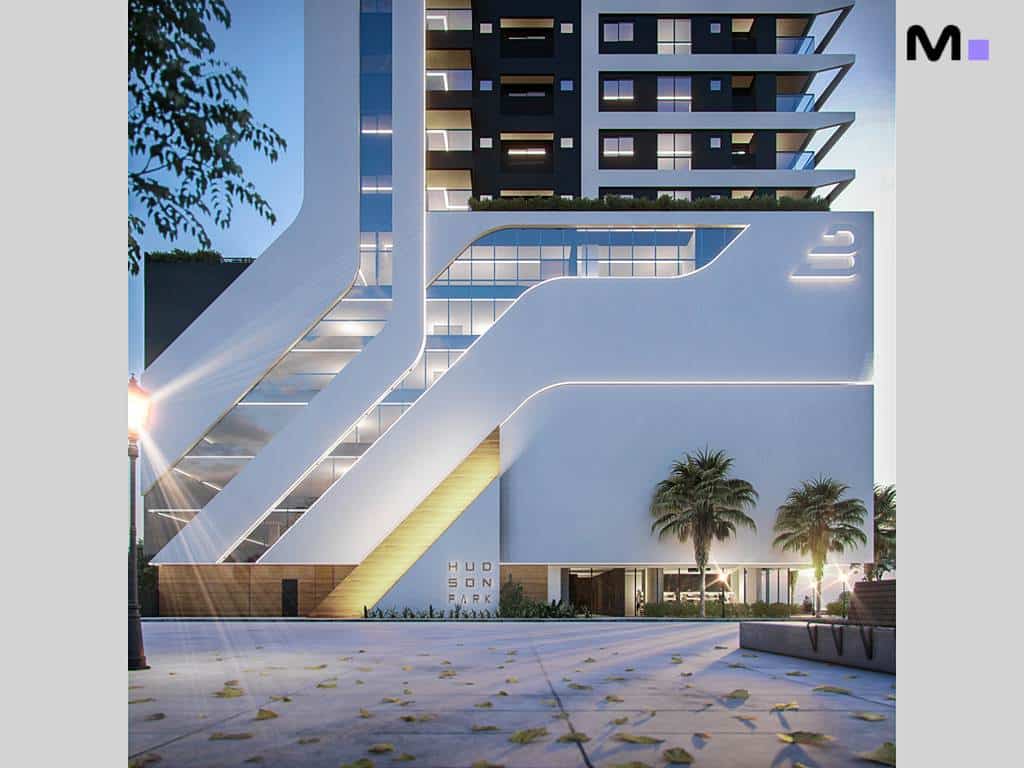 Residência Hudson Park: fachada moderna com design arquitetônico único e palmeiras.