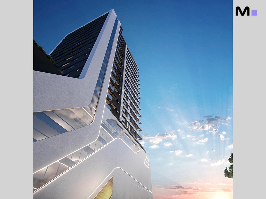 Residência Hudson Park: vista angular do edifício moderno contra o céu azul.