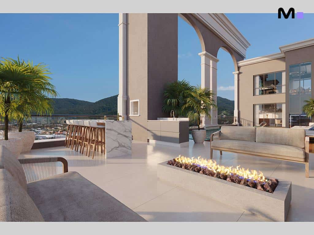 Terraço luxuoso do Palazzo Reale com lareira, bar e vista panorâmica.