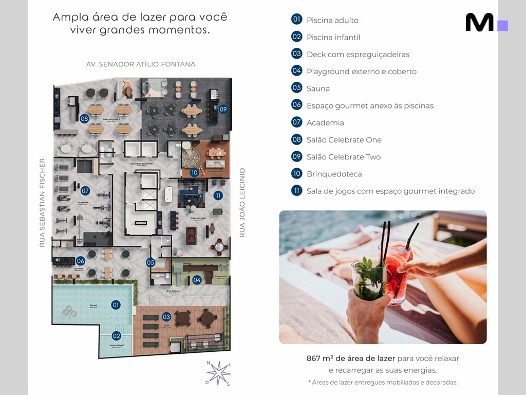 Planta baixa das áreas de lazer do Hudson Park Residence: piscinas, academia, salões de festa e brinquedoteca.